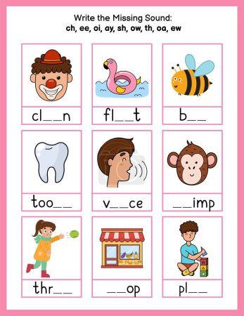 Illustration for Write the missing sounds phonics worksheet. Choose the correct spelling rule for words. Activity page for kids. Vector illustration - Royalty Free Image