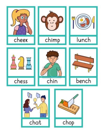 Ilustración de Fichas de fonética con regla de ortografía-ch-. Tarjetas flash con sonido fonético y actividad de imágenes para niños. Ilustración vectorial - Imagen libre de derechos