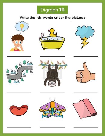 Illustration for Write -th- sound missing words phonics worksheet. Find words with the correct spelling rule. Activity page for kids. Vector illustration - Royalty Free Image