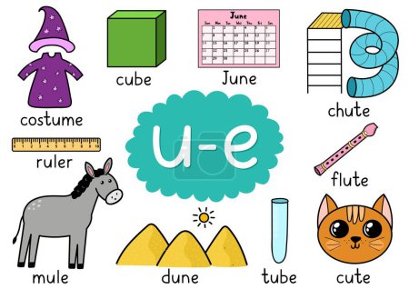 Ilustración de U-e digraph regla de ortografía cartel educativo para niños con palabras. Aprender u-e fonética para la escuela y preescolar. Hoja de trabajo fonética. Ilustración vectorial - Imagen libre de derechos