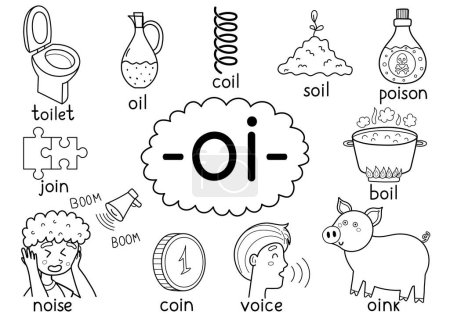 Ilustración de Oi digraph regla de ortografía cartel educativo en blanco y negro para niños con palabras. Aprendizaje de sonido oi-fonética para la escuela y preescolar. Ilustración vectorial - Imagen libre de derechos