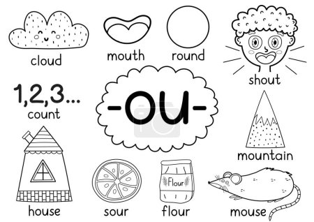 Ilustración de Ou digraph spelling rule página de actividad en blanco y negro para niños con palabras. Cartel para aprender el sonido de la fonética para la escuela y el preescolar. Ilustración vectorial - Imagen libre de derechos