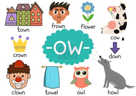 Illustration for Ow digraph spelling rule educational poster for kids with words. Learning -ow- phonics for school and preschool. Phonetic worksheet. Vector illustration - Royalty Free Image
