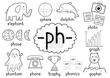 Ilustración de Ph digraph regla de ortografía en blanco y negro cartel educativo conjunto para niños con palabras. Aprender fonética para la escuela y preescolar. Hoja de trabajo fonética. Ilustración vectorial - Imagen libre de derechos