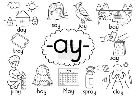 Ilustración de Ay digraph regla de ortografía cartel educativo en blanco y negro para niños con palabras. Aprender-ay- fonética para la escuela y preescolar. Hoja de trabajo fonética. Ilustración vectorial - Imagen libre de derechos