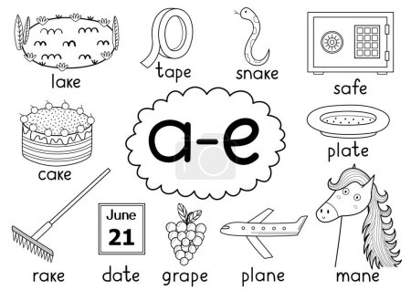 Illustration for A-e digraph spelling rule black and white educational poster for kids with words. Learning phonics for school and preschool. Phonetic worksheet. Vector illustration - Royalty Free Image