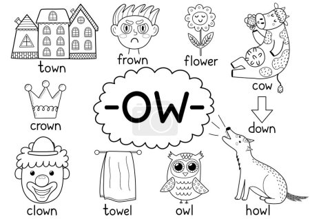 Illustration for Ow digraph spelling rule black and white educational poster for kids with words. Learning -ow- phonics for school and preschool. Phonetic worksheet. Vector illustration - Royalty Free Image