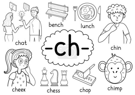 Ilustración de Regla de ortografía Ch digraph conjunto de póster educativo en blanco y negro para niños con palabras. Sonido de aprendizaje-ch- fonética para la escuela y preescolar. Hoja de trabajo fonética. Ilustración vectorial - Imagen libre de derechos