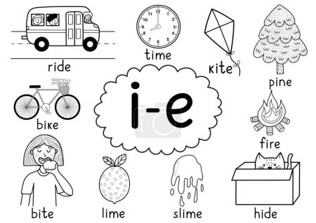 Illustration for I-e digraph spelling rule black and white educational poster for kids with words. Learning i-e phonics for school and preschool. Phonetic worksheet. Vector illustration - Royalty Free Image