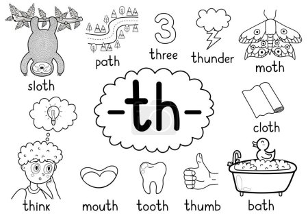 Ilustración de Th digraph regla de ortografía cartel educativo en blanco y negro para niños con palabras. Aprender-th- fonética para la escuela y preescolar. Hoja de trabajo fonética. Ilustración vectorial - Imagen libre de derechos