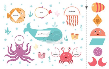Téléchargez les illustrations : Jeu de correspondance pour les enfants avec les animaux de mer. Apprendre les formes géométriques page d'activité pour l'école maternelle. Couper et coller la feuille de calcul pour les enfants. Illustration vectorielle - en licence libre de droit