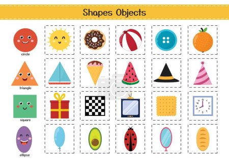 Kształty obiektów ustawione dla dzieci. Podstawowe geometryczne kształty kolekcji elementów. Materiały do zajęć szkolnych i przedszkolnych oraz arkusze pracy. Ilustracja wektora