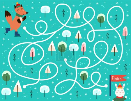 Help the fox skate to the finish line. Winter maze game for kids. Preschool activity page. Find the way to the houses puzzle. Vector illustration