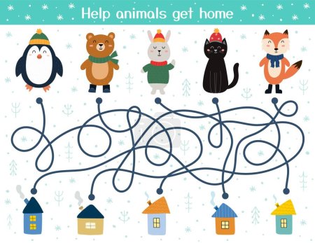 Help the cute animals find their homes. Winter maze game for kids. Preschool activity page. Find the way to the houses puzzle. Vector illustration