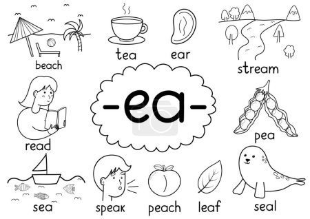 Ilustración de Ea digraph regla de ortografía cartel educativo en blanco y negro para niños con palabras. Aprender fonética para la escuela y preescolar. Hoja de trabajo fonética. Ilustración vectorial - Imagen libre de derechos