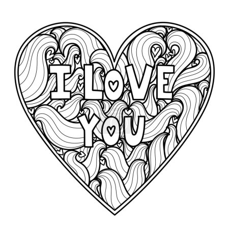 Illustration for I Love You doodle heart coloring page. Black and white Valentines Day pattern for antistress coloring book. Wavy mandala with quote. Vector illustration - Royalty Free Image