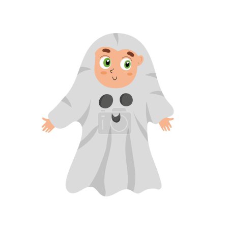 Illustration for Cute Halloween kid wearing ghost costume. Funny trick or treat boy or girl. Mummery clipart. Vector illustration - Royalty Free Image