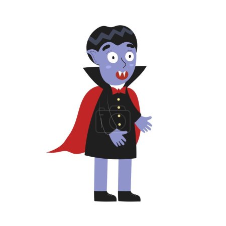 Ilustración de Lindo vampiro con colmillos en traje negro. Personaje de Halloween en estilo de dibujos animados. Drácula divertida para el diseño de los niños. Elemento aislado. Ilustración vectorial - Imagen libre de derechos