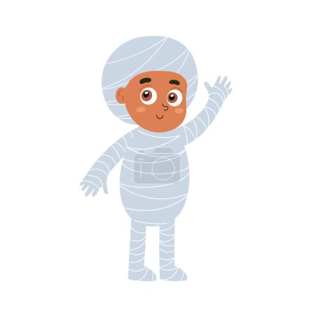 Ilustración de Lindo niño de Halloween con traje de momia. Divertido truco o trato chico, chica saludando con una mano. Clipart de momia. Ilustración vectorial - Imagen libre de derechos