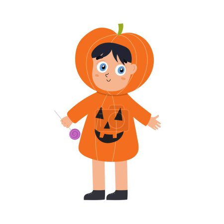 Illustration for Cute Halloween kid wearing pumpkin costume. Funny trick or treat boy or girl with a candy. Vector illustration - Royalty Free Image