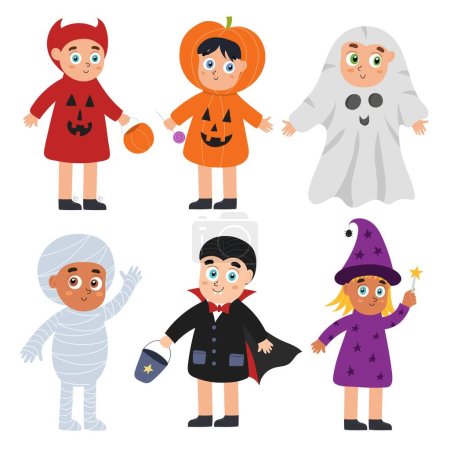 Illustration for Cute Halloween kids set. Boys and girls wearing devil, witch, pumpkin, vampire and mummy costumes. Funny trick or treat children. Mummery clipart collection. Vector illustration - Royalty Free Image