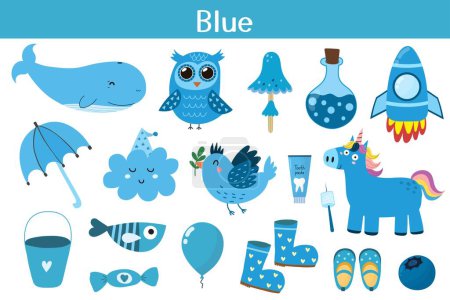 Blue color objects set. Learning colors for kids. Cute elements collection. Educational background. Vector illustration