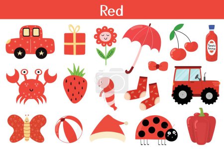 Ensemble d'objets de couleur rouge. Apprendre les couleurs pour les enfants. Collection d'éléments mignons. Une formation. Illustration vectorielle