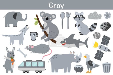 Téléchargez les illustrations : Ensemble d'objets de couleur gris. Apprendre les couleurs pour les enfants. Collection d'éléments mignons. Une formation. Illustration vectorielle - en licence libre de droit