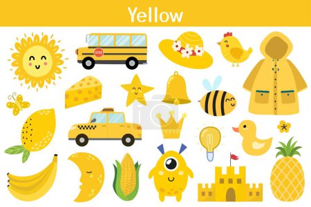 Ensemble d'objets de couleur jaune. Apprendre les couleurs pour les enfants. Collection d'éléments mignons. Une formation. Illustration vectorielle