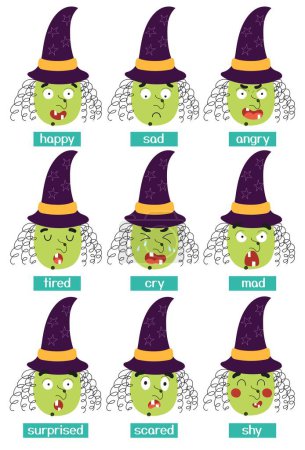 Ilustración de Emociones de brujas establecidas. Un gran conjunto de caras de dibujos animados. Personaje de Halloween expresando emociones colección. Cartel educativo para niños. Ilustración vectorial - Imagen libre de derechos