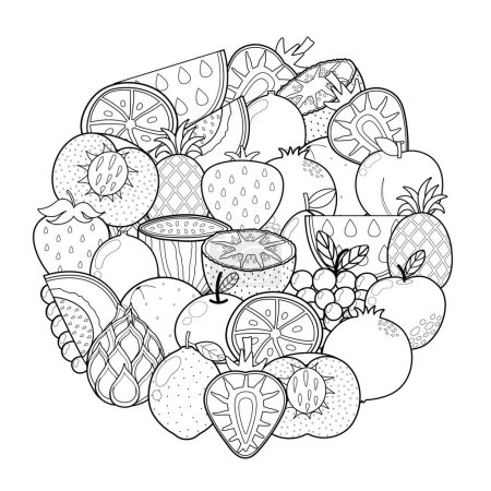 Patrón de forma de círculo de frutas Doodle para colorear libro. Página para colorear mandala de alimentos. Impresión en blanco y negro con fresa, fruta de dragón, melocotón, etc. Ilustración vectorial