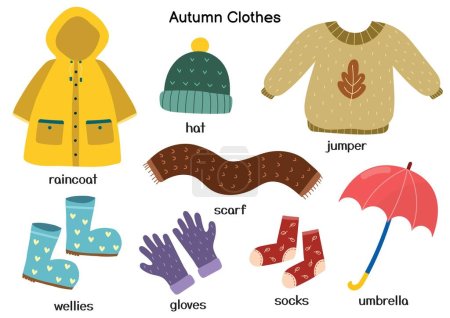 Illustration for Autumn clothes set with raincoat, jumper, hat, wellies. Fall season outfit collection in cartoon stye. Vector illustration - Royalty Free Image