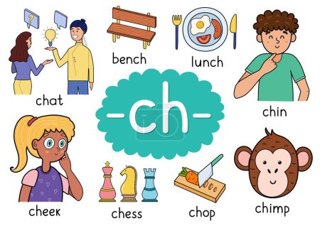 Illustration for Ch digraph spelling rule educational poster for kids with words. Learning phonics for school and preschool. Phonetic worksheet. Vector illustration - Royalty Free Image