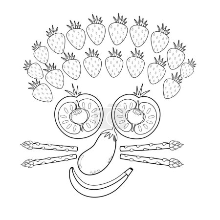 Black and white funny smiling fruit and vegetable face. Funny food coloring page with tomatoes instead of eyes, banana instead of mouth, eggplant instead of nose. Cute vegan print. Vector illustration
