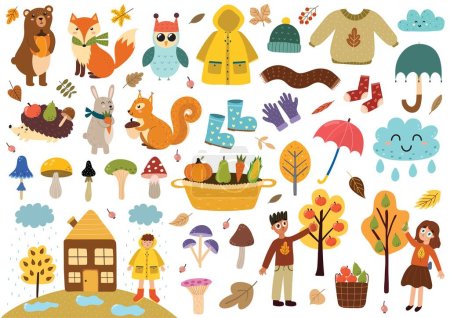 Cute autumn elements collection. Fall clothes, animals, leaves, mushrooms, kids and more. Autumn season clipart set. Vector illustration Poster 647130432