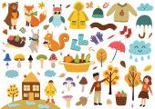 Cute autumn elements collection. Fall clothes, animals, leaves, mushrooms, kids and more. Autumn season clipart set. Vector illustration Poster #647130432
