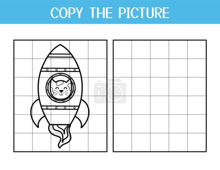 Copy the picture activity page for kids. Draw and color a rocket with a cute cat. Space educational game template for school and preschool. Vector illustration