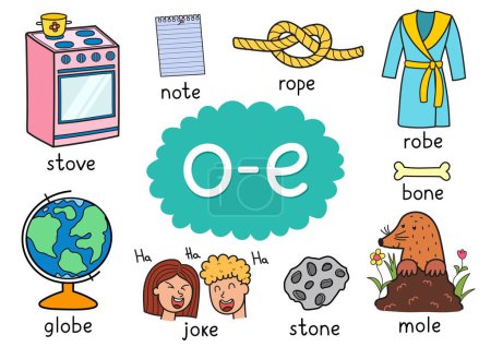 Ilustración de O-e digraph regla de ortografía cartel educativo para niños con palabras. Aprender fonética para la escuela y preescolar. Hoja de trabajo fonética. Ilustración vectorial - Imagen libre de derechos