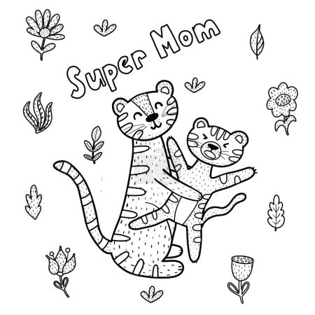 Illustration for Super mom coloring page with cute tigers mommy and baby. Black and white print for mothers day. Funny greeting card. Vector illustration - Royalty Free Image