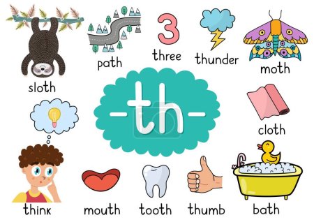 Illustration for Th digraph spelling rule educational poster for kids with words. Learning phonics for school and preschool. Phonetic worksheet. Vector illustration - Royalty Free Image