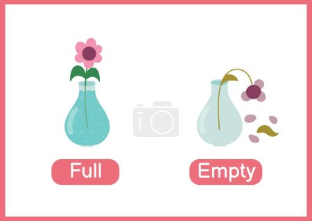 Illustration for Full and empty opposite adjectives educational flashcard. Flashcard with flowers in a vase for school and preschool. Activity page for kids. Vector illustration - Royalty Free Image
