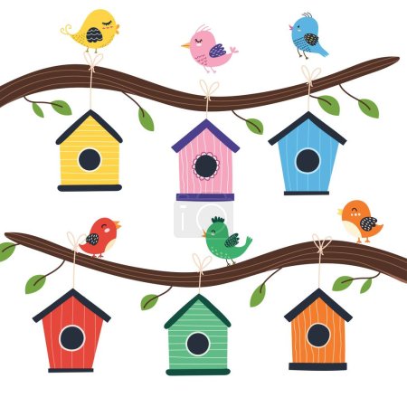 Árbol de pajarera con pájaros lindos. Caja de anidación en estilo de dibujos animados. Jardín de primavera pequeñas casas de fondo. Ilustración vectorial