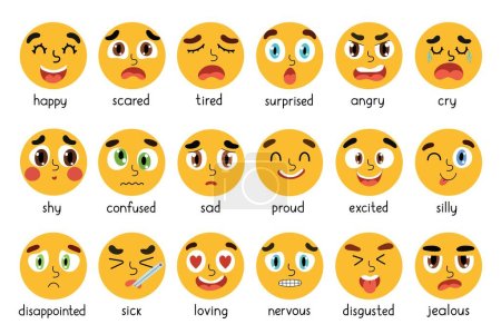 Funny emoji set. Different emotional expressions bundle. Emoticon collection with yellow circle faces. Vector illustration