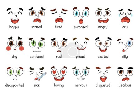 Illustration for Emotions faces set. Different emotional expressions bundle. Learning feeling poster with eyes and mouths. Vector illustration - Royalty Free Image