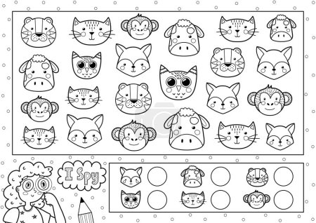 I spy game coloring page for kids. Find and count cute animals. Search the same object black and white puzzle. How many elements are there. Vector illustration