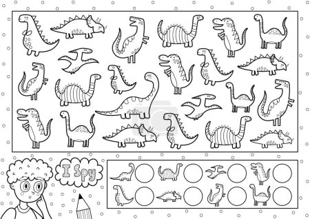 I spy game coloring page for kids. Find and count cute dinosaurs. Search the same object black and white puzzle. How many elements are there. Vector illustration