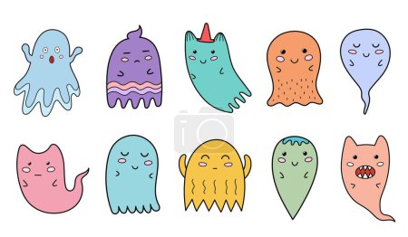 Illustration for Cute ghosts collection. Scary characters clipart in cartoon style. Halloween graphic set. Vector illustration - Royalty Free Image