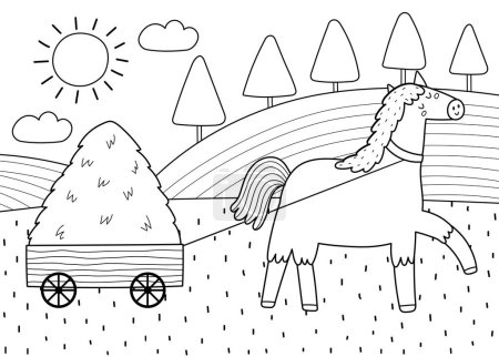 Téléchargez les illustrations : Joli cheval tirant une charrette avec une pile de foin sur un imprimé de prairie verte en noir et blanc. Paysage de pâturage avec un caractère de ferme pour livre à colorier. Illustration vectorielle - en licence libre de droit