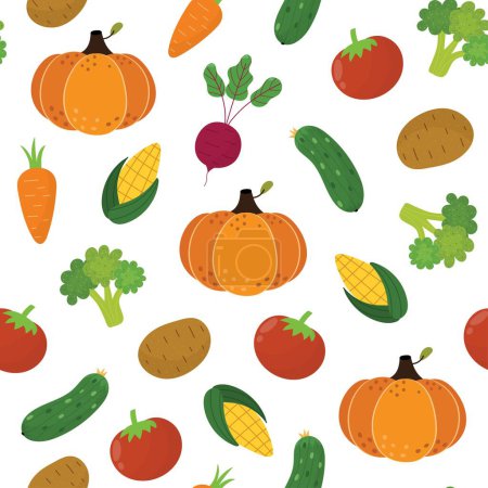 Fresh vegetables seamless pattern in cartoon style. Healthy food doodle background with pumpkin, corn, broccoli, carrot, tomato. Vector illustration