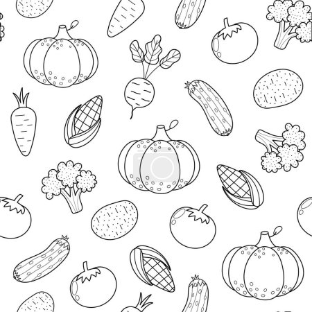 Verduras frescas patrón sin costura en blanco y negro en estilo de dibujos animados. Alimento saludable doodle fondo para colorear página con calabaza, maíz, brócoli, zanahoria. Ilustración vectorial